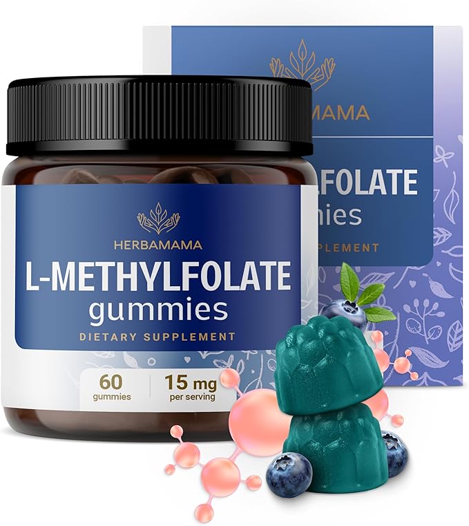 HERBAMAMA L-Methylfolate Gummies - 15mg 5-MTHF Calming Supplement for Adults - Vegan Non-GMO Methylated Folate (Vitamin B9) for Brain Support - 60 Pectin-Based Blueberry-Flavored Chews