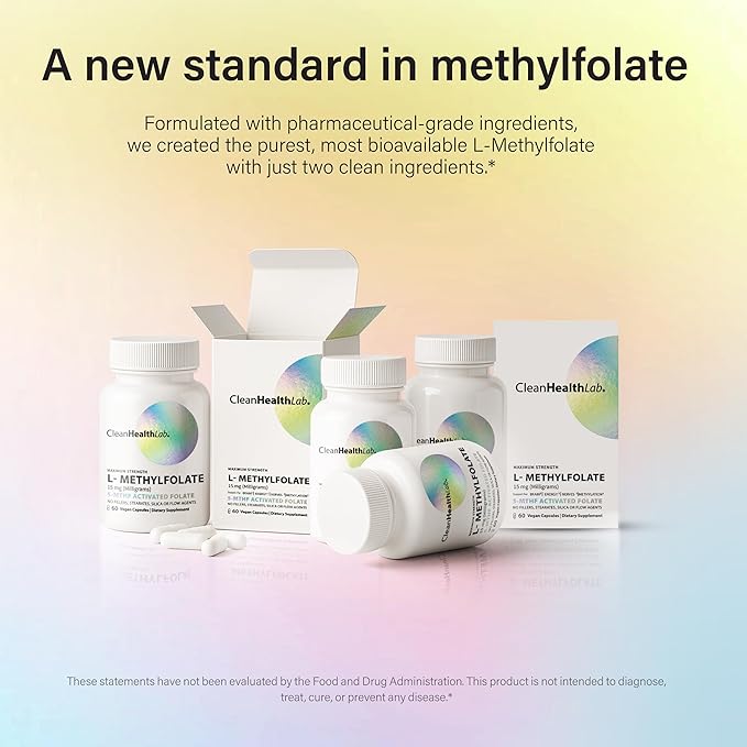 CleanHealthLab L-Methylfolate 15mg 5-MTHF Active Folate - Maximum Potency Methylated Vitamin B9 Supplement - Support for Brain Health Energy Nerves and Methylation with No Fillers (60 Count)