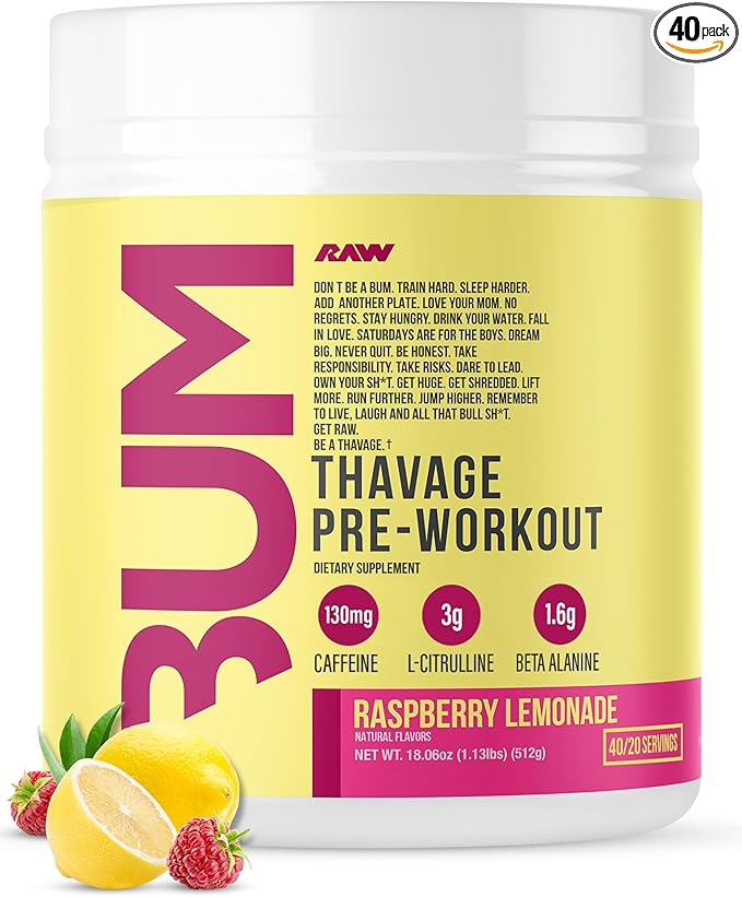 RAW Pre Workout Powder Thavage (Raspberry Lemonade) - Chris Bumstead Sports Nutrition Supplement for Men &amp Women - Cbum Pre Workout for Working Out Hydration Mental Focus &amp Energy - 40 Serv