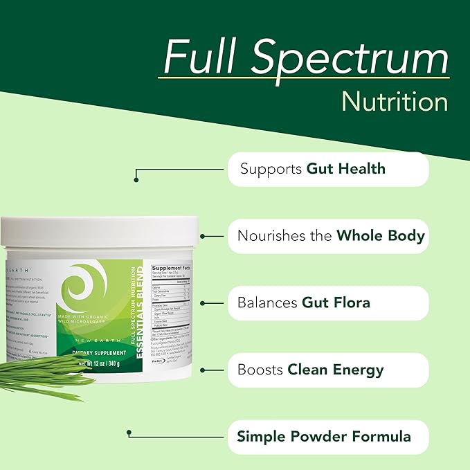 New Earth Essentials Blend Full-Spectrum Nutrition Powder with Probiotics &amp Enzymes | Organic Wild Microalgae Digestive Support Daily Energy &amp Nutrient Absorption | Vegan GMO-Free
