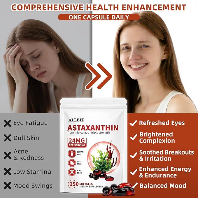 ALLBIZ Astaxanthin 24mg | 250 Softgels | 250-Day Supply | Premium Antioxidant Supplement Supports Eye Skin Brain &amp Liver Health | Natural Microalgae Source Non-GMO Gluten Free