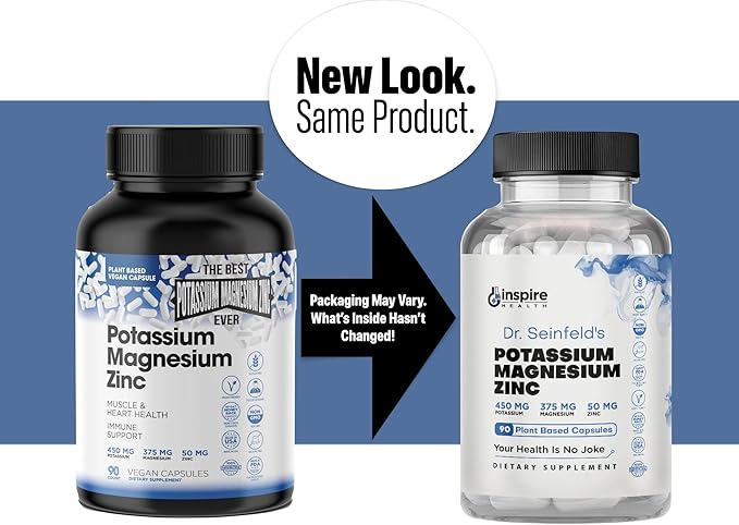 Magnesium Potassium Supplements w/Zinc - 90 Capsules - Magnesium Potassium Zinc for Vascular Health – High Absorption Vegan Supplement for Leg Cramps &amp Sleep Dr Seinfeld