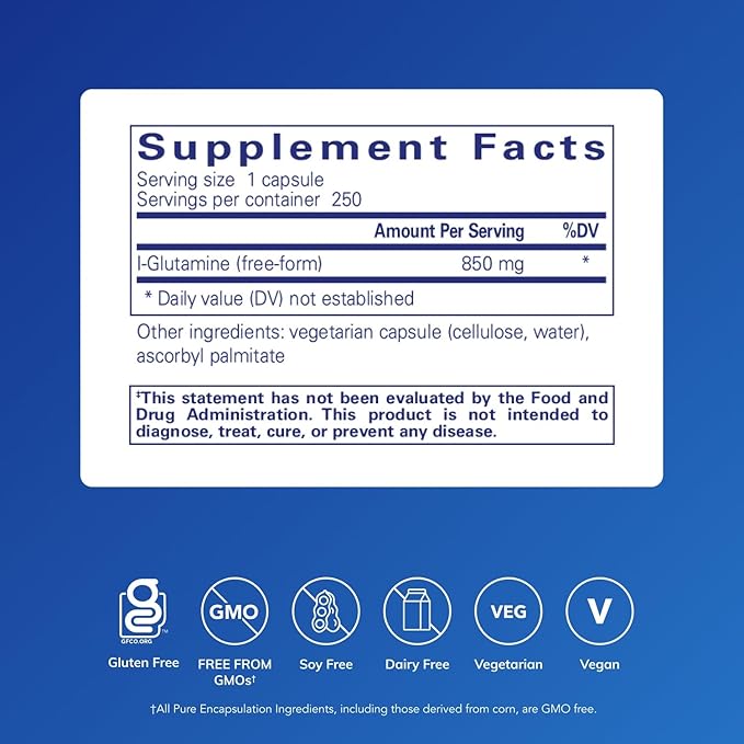 Pure Encapsulations L-Glutamine 850 mg | Supplement for Immune and Digestive Support Gut Health and Lining Repair Metabolism Boost and Muscle Support* | 250 Capsules