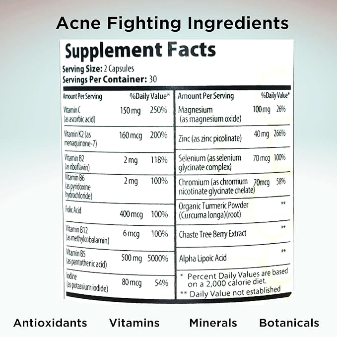 Clear Skin Acne Vitamin System | 20 Antioxidants Botanicals &amp Minerals | 60 Count | Pack of 4 | 240 Total Capsules