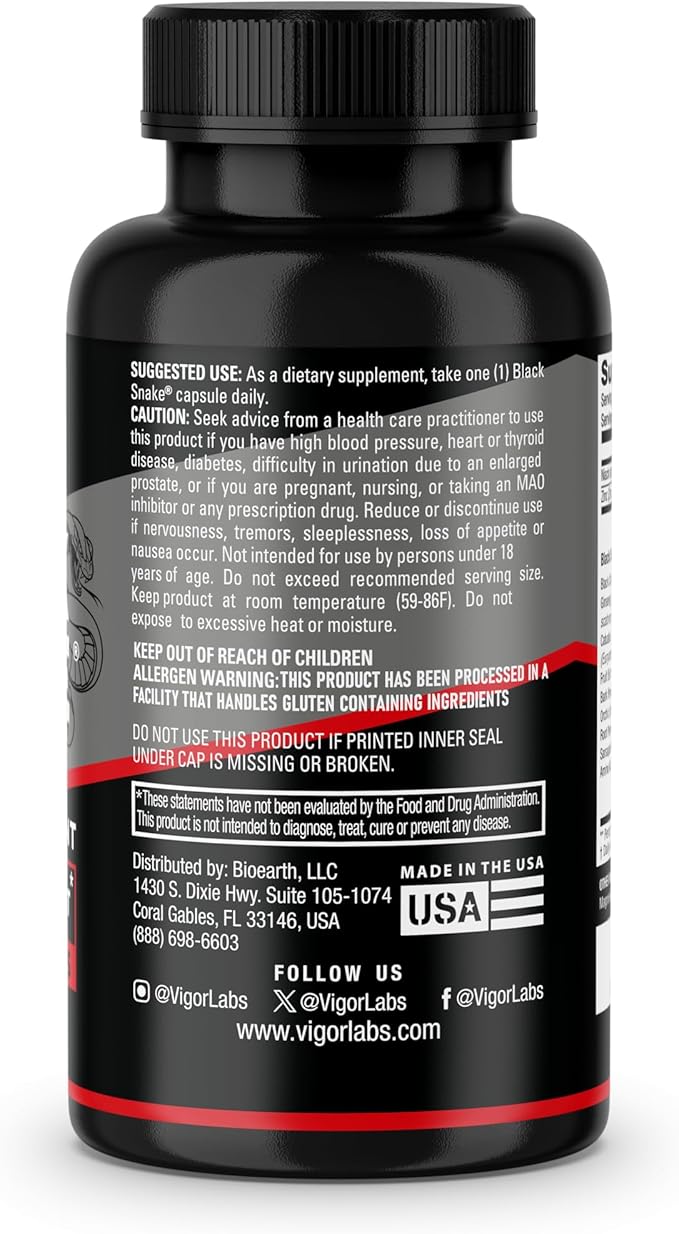 Black Snake by VIGOR LABS - Male Enhancement Capsules (30 Capsules) Boosts Blood Flow Size and Hardness. Powerful Proprietary Blend of Natural Ingredients. Made in The USA