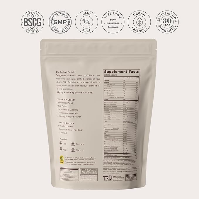 TRU Supplements Plant Based Protein Powder BCAA EAA 20g Vegan Brown Rice &amp Pea Protein 100 Calories 27 Vitamins No Artificial Flavors 25 Servings (Strawberry Cream)