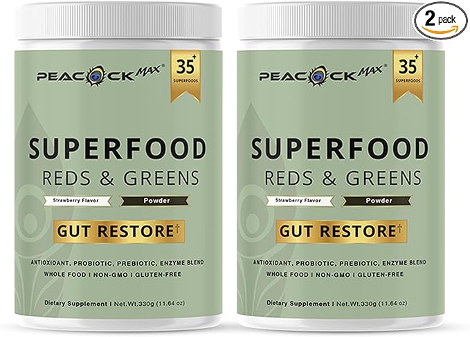 Superfood Reds &amp Greens Powder – 11.64 oz (Pack of 2) Super Greens &amp Reds Blend with Prebiotics Probiotics &amp Plant-Based Ingredients Vegan Non-GMO