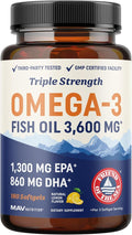 Triple Strength Omega 3 Fish Oil 3600 mg | EPA &amp DHA | Over 2100mg Omega-3 Fatty Acids | 1300mg EPA + 860mg DHA | Best Essential Fatty Acids | Premium Wild Caught &amp Burpless Fish Oil | 180 Ct