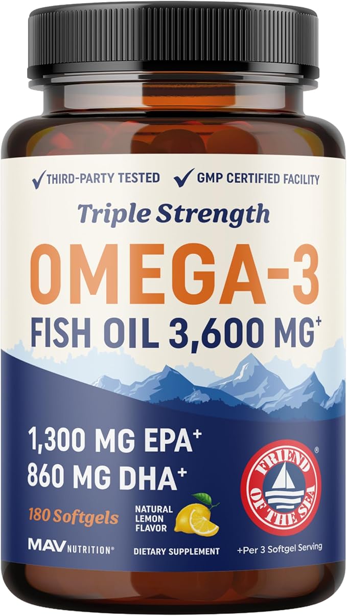 Triple Strength Omega 3 Fish Oil 3600 mg | EPA &amp DHA | Over 2100mg Omega-3 Fatty Acids | 1300mg EPA + 860mg DHA | Best Essential Fatty Acids | Premium Wild Caught &amp Burpless Fish Oil | 180 Ct