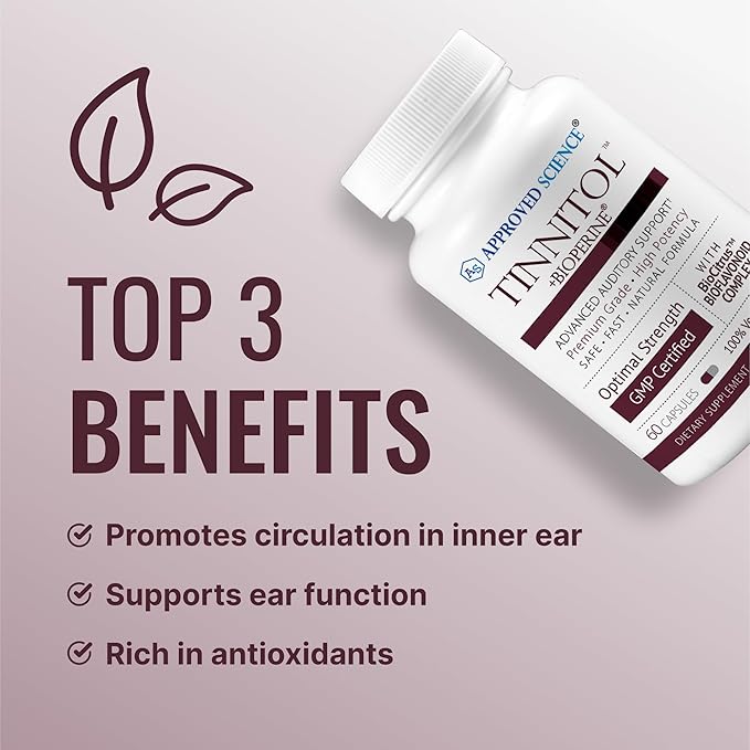 Approved Science Tinnitol - Tinnitus Support Supplement - Ease Ringing in The Ears - Boost Inner Ear Health - 60 Capsules - Made in The USA