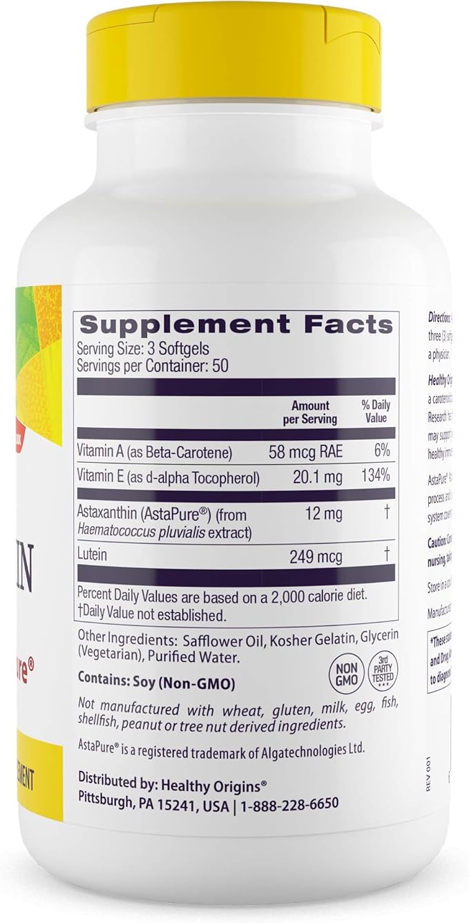 Healthy Origins Astaxanthin 4 mg 150 Softgels - AstaPure Clinically Studied Algae - Supports Joint &amp Immune Health Healthy Skin Antioxidant for Cellular Protection &amp Eye Support