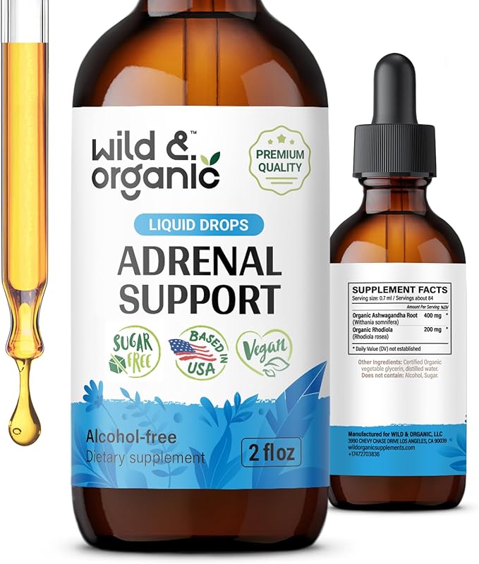 Wild &amp Organic Adrenal Support Supplements for Women &amp Men - Mood &amp Energy Support - Adrenal Complex Drops with Ashwagandha &amp Rhodiola Rosea Herb - Add to Tea - Vegan No Sugar &amp A