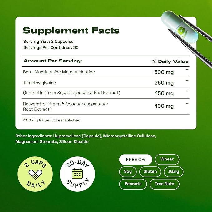 Cata-Kor NMN Supplement – 1000mg Per Serving NAD Resveratrol Supplement with Quercetin | TMG – NMNH Alternative – Supports Cellular Energy &amp NAD+ Level – 60 Capsules – Third-Party Tested (1 Pack)