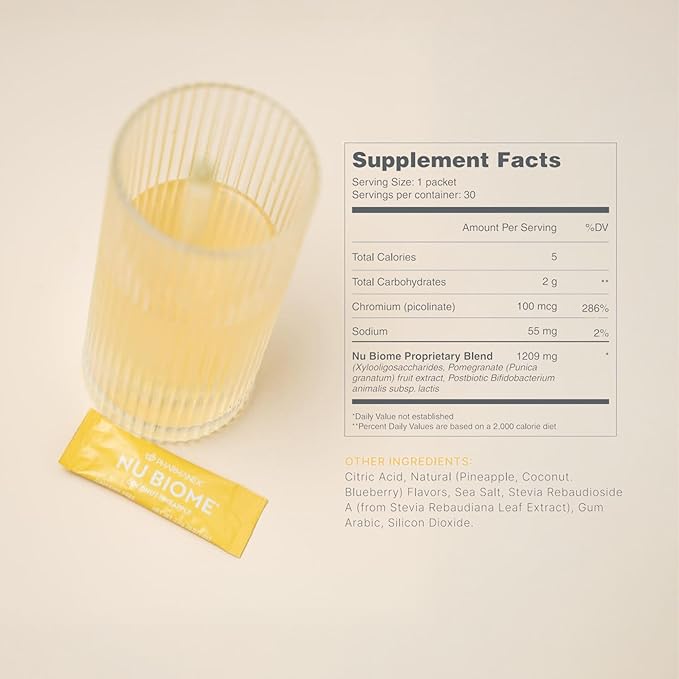 Nu Skin Pharmanex Nu Biome | Gut &amp Immune Health Supplement | Supports Digestive Balance &amp Healthy Gut | Prebiotic &amp Antioxidant Formula | 30 Packets | Coconut Pineapple Caffeine-Free
