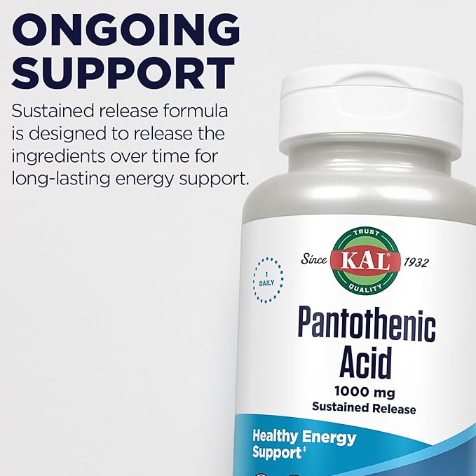 KAL Pantothenic Acid 1000mg Supplement for Men &amp Women - Vitamin B5 1000 mg Supports Cellular Energy Metabolism Nerve Function Sustained Release Vegan - 100 Tablets