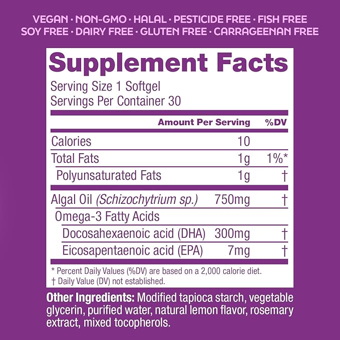 Root'd Prenatal DHA - 300mg Pure Vegan Omega-3 DHA from Algal Oil Plant-Based Prenatal Supplement for Pregnancy Fetal Brain &amp Eye Development Non-GMO Lemon &amp Rosemary Flavor 30 Softgels