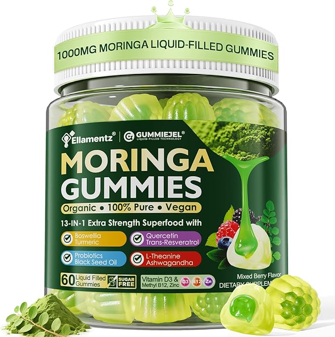 Moringa Gummies 1000mg for Women &amp Men Sugar-Free 13-in-1 Superfood with Turmeric Ashwagandha Trans-Resveratrol VB12 D3 Pure Moringa Leaf Supplement for Energy Immune SkinAntioxidant 60 C