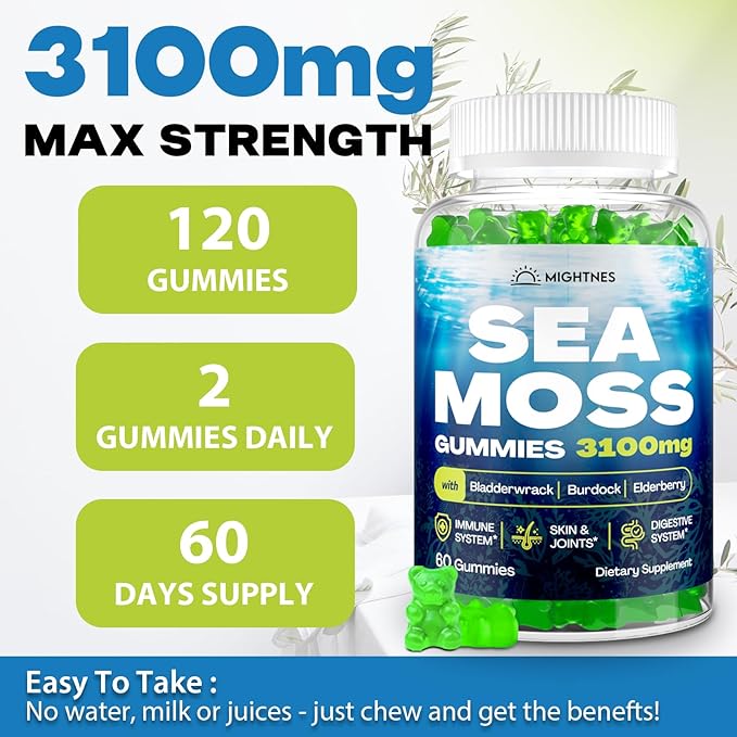 Sea Moss Gummies 3100mg Irish True Sea Moss Seamoss Gummies for Women &amp Men with Bladderwrack Burdock Root Elderberry Vitamin C and Zinc for Detox Cleanse Immune Skin Digestive Organic 120