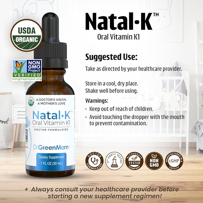 Dr. Green Mom Natal K Oral Vitamin K1 Drops for Newborns | Organic Phytonadione in MCT Oil | Natural VIT K for Babies to Support Blood Clotting