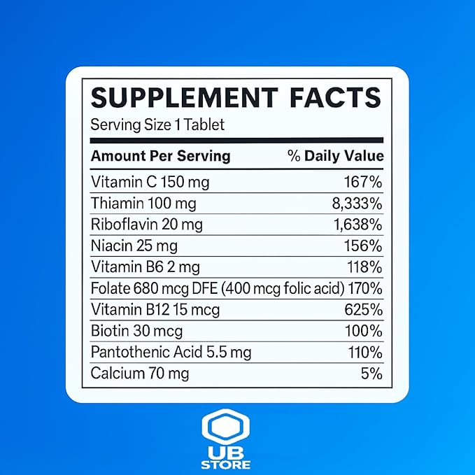 Vitamin B Complex – Super B Complex Vitamins B12 VIT B Complex with Thiamine Biotin Folate Pantothenic Acid – Energy and Metabolism Support 500 Count + UB Store Sticker (Pack of 1)