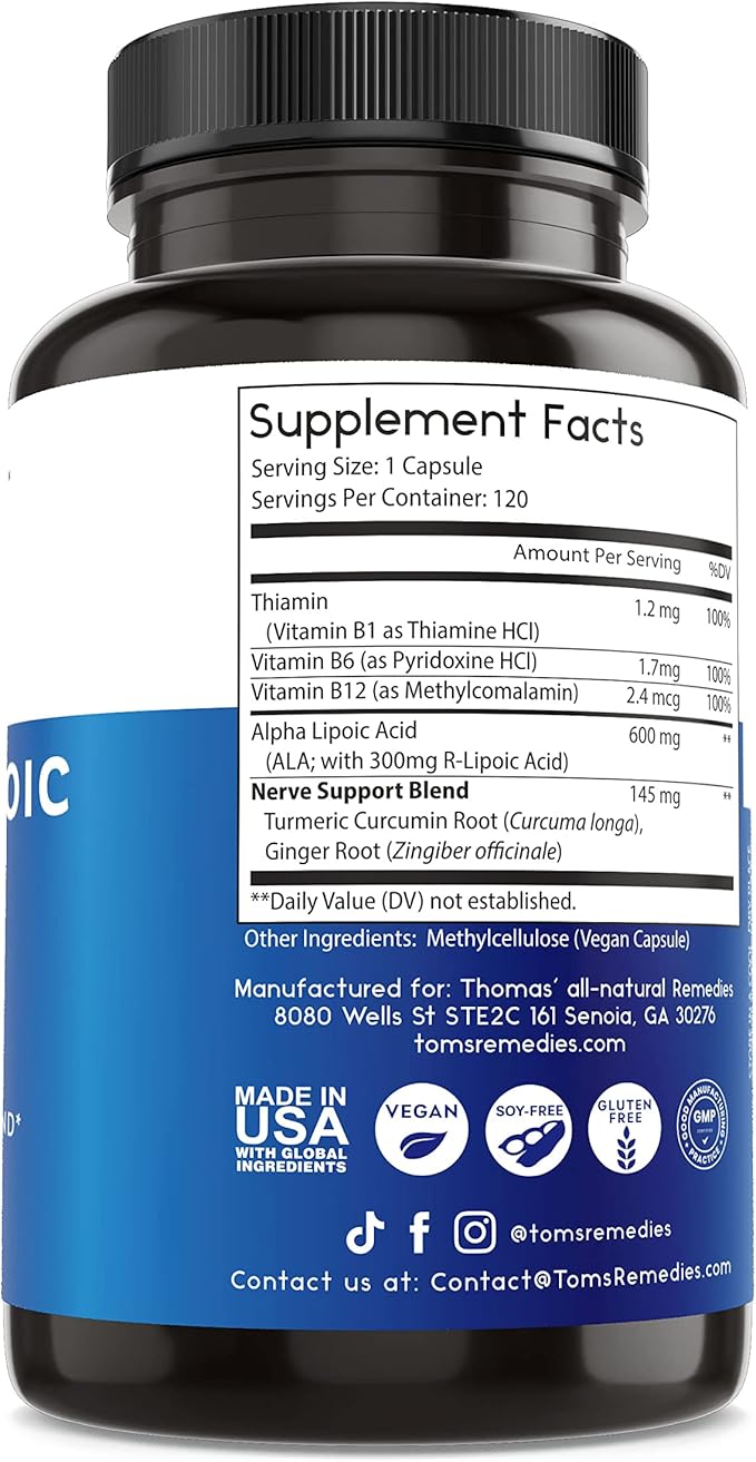 Thomas' all-natural Remedies Alpha Lipoic Acid 600mg 120 Capsules with B-Vitamins Vegan No fillers