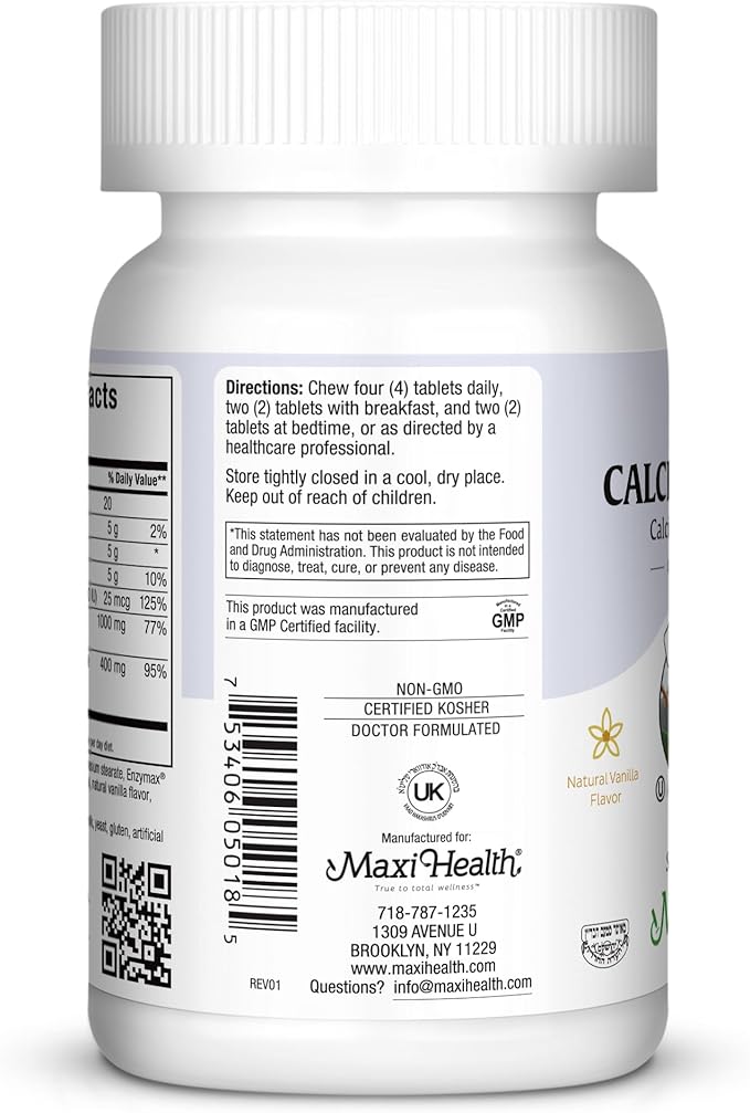 Maxi Health Chewable Calcium Complex – Vanilla Flavor Vitamin D3 and Magnesium Chewables to Help Support Bones – Kosher Magnesium and Calcium Supplement for Women and Men (180 Count)
