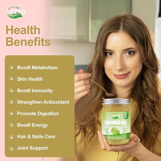 (12 OZ) Irish Sea Moss Gel Organic Raw Vegan Soursop Flavor 102 Vitamins and Minerals Wild Harvested Non-GMO Immune &amp Digestion Support