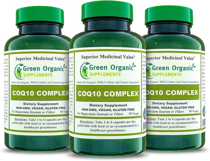 Green Organic Supplements Coq 10 Complex Ubiquinone 90 VCaps High Absorbable Non-GMO Gluten-Free (Pack of 3)