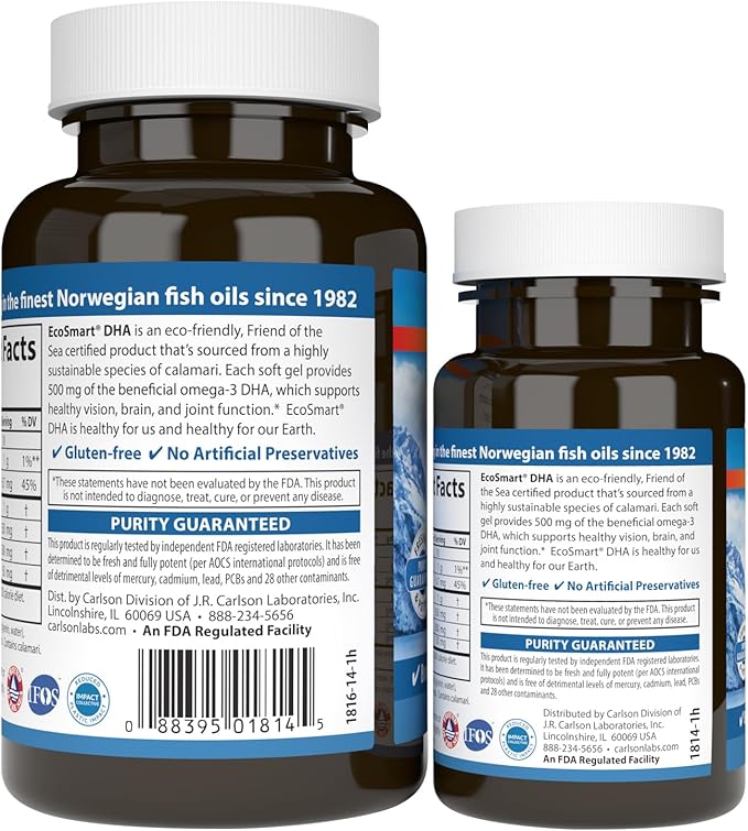 Carlson - EcoSmart DHA 500 mg DHA Sustainable Source Healthy Vision &amp Brain Function Lemon 60+20 Softgels