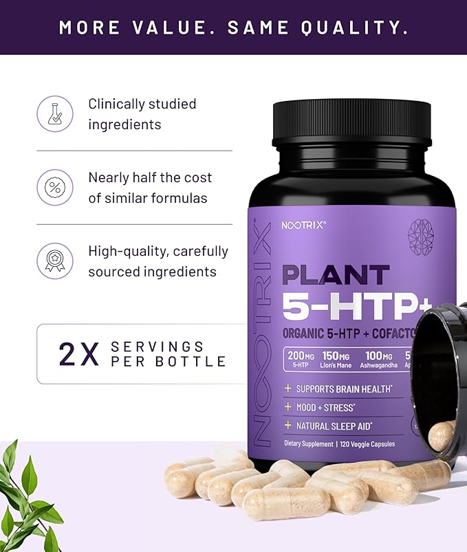 Nootrix Organic Plant 5 HTP+ Supplement | Supports Memory Mental Focus Cognitive Health &amp Energy | Promotes Healthy Mood &amp Brain Function | Vitamin B6 &amp L Theanine | 240 Capsules