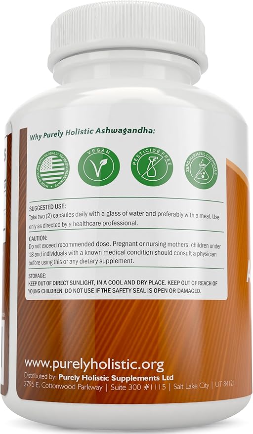 Purely Holistic Organic Ashwagandha 1300mg - 180 Vegan Capsules - 650mg of Ashwaganda per Capsule - 3 Month Supply - High Strength Ashwaganda Root Extract with Black Pepper