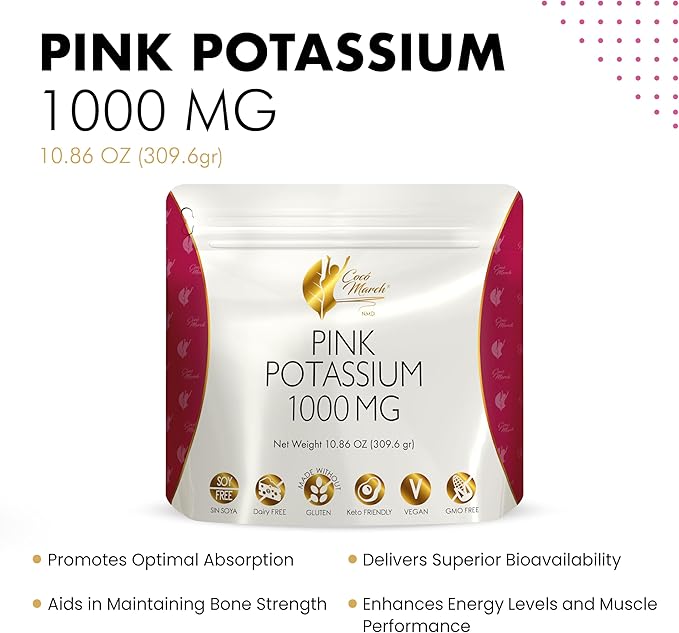 Cocó March N.M.D Pink Potassium Electrolytes Powder – Potassium Supplement for Hydration Muscle Bone &amp Heart Support – Gluten Free Dairy Free Vegan Keto Friendly - Natural Lemon Flavor 10.86