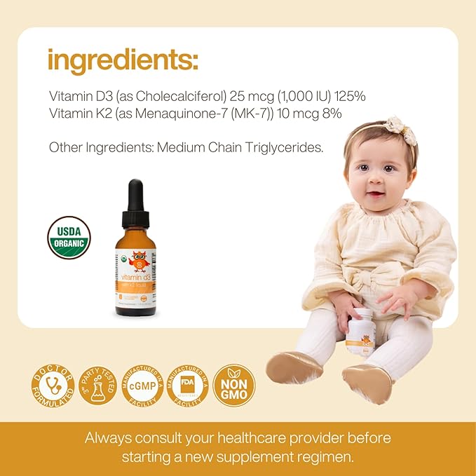 Organic Liquid Vitamin D3 with K2 by Dr. Ana Maria Temple | Supports Strong Bones and Immune Health | USDA Certified Organic | Olive Oil Base for Enhanced Absorption | 1 Fl Oz