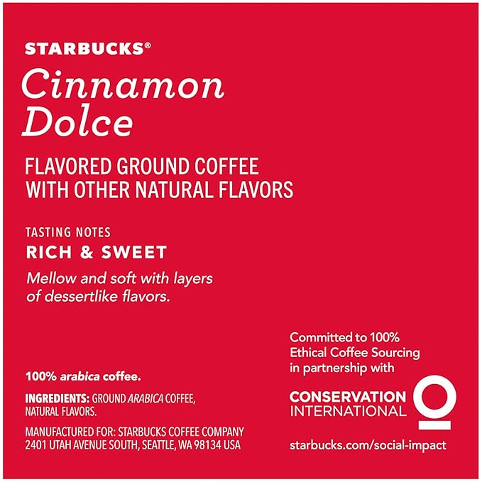 Starbucks Flavored Ground Coffee K-Cup PodsCinnamon DolceFlavored Ground Coffee Signature CollectionRecyclable K-Cups10 K-Cup Pods/Box (Pack of 2 Boxes)10 Count (Pack of 2)