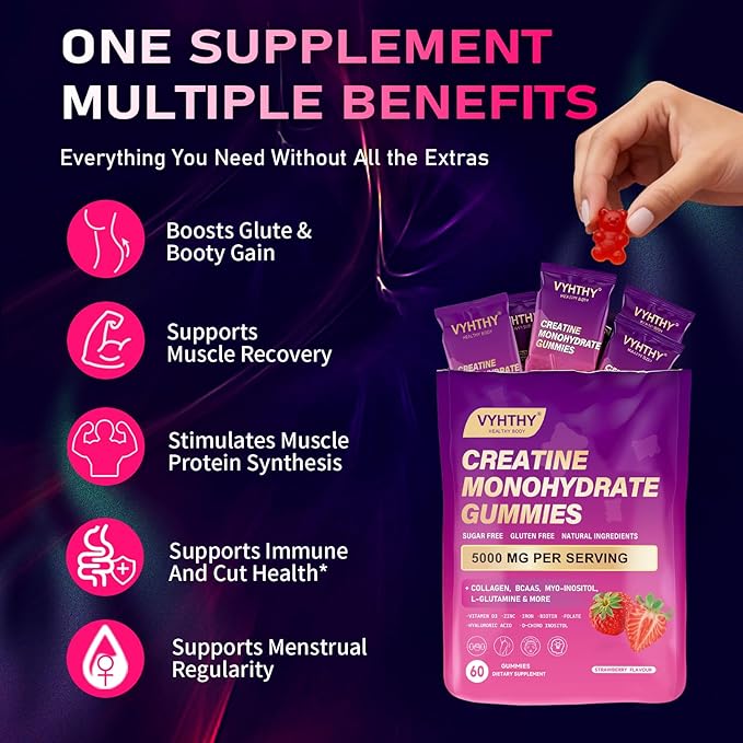 Creatine Monohydrate Gummies – with Collagen BCAAs L-Glutamine Biotin Zinc Vitamin D3 &amp Hyaluronic Acid – Daily Pre &amp Post Workout Recovery Sugar-Free (60 Gummies)
