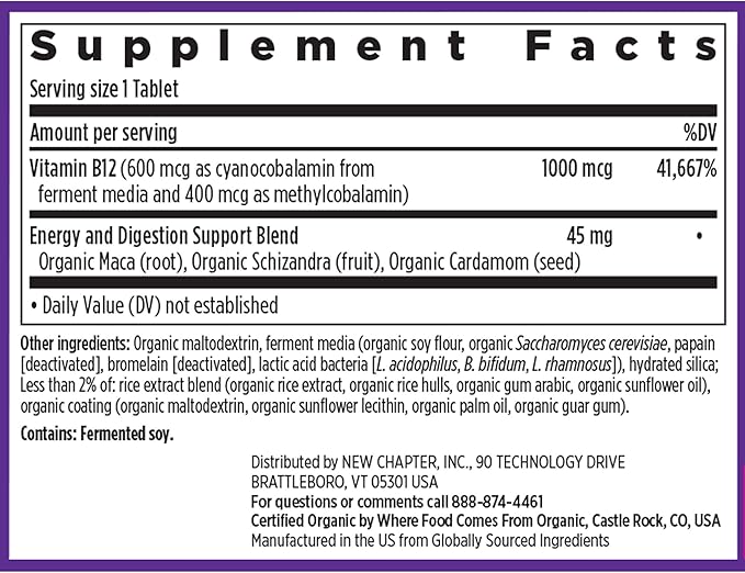 New Chapter Fermented Vitamin B12 1000 mcg USDA Organic ONE Daily for Cellular Energy + Healthy Blood Cells Certified Vegan Gluten Free - 60 Count