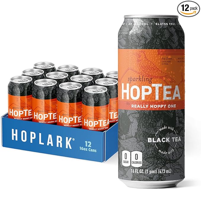 HOPLARK Sparkling HopTea – REALLY HOPPY ONE – Tall 16fl oz cans (pack of 12) – Sparkling Black Tea with Simcoe and Citra Hops – Unsweetened – Zero Calorie – Caffeinated