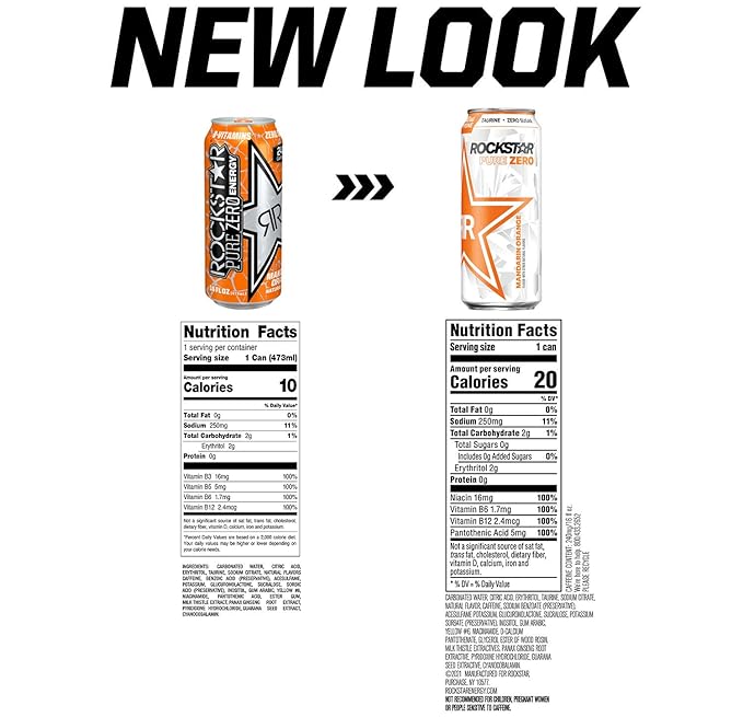 Rockstar Pure Zero Energy Drink Mandarin Orange 0 sugar with Caffeine and Taurine 16oz (Pack of 24) (Packaging May Vary)