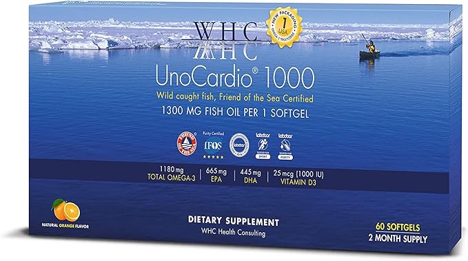 WHC UnoCardio 1000 Fish Oil 1300 mg of Pure Triglyceride Fish Oil with Omega-3 (1180 mg) 665 mg EPA and 445 mg DHA and 25 mcg (1000 IU) Vitamin D3 per softgel Natural Orange 60 softgels