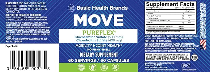 Basic Brands - Move Pureflex Glucosamine Chondroitin - Joint Support Supplement for Flexibility &amp Mobility - 60 Capsules - 2-Pack
