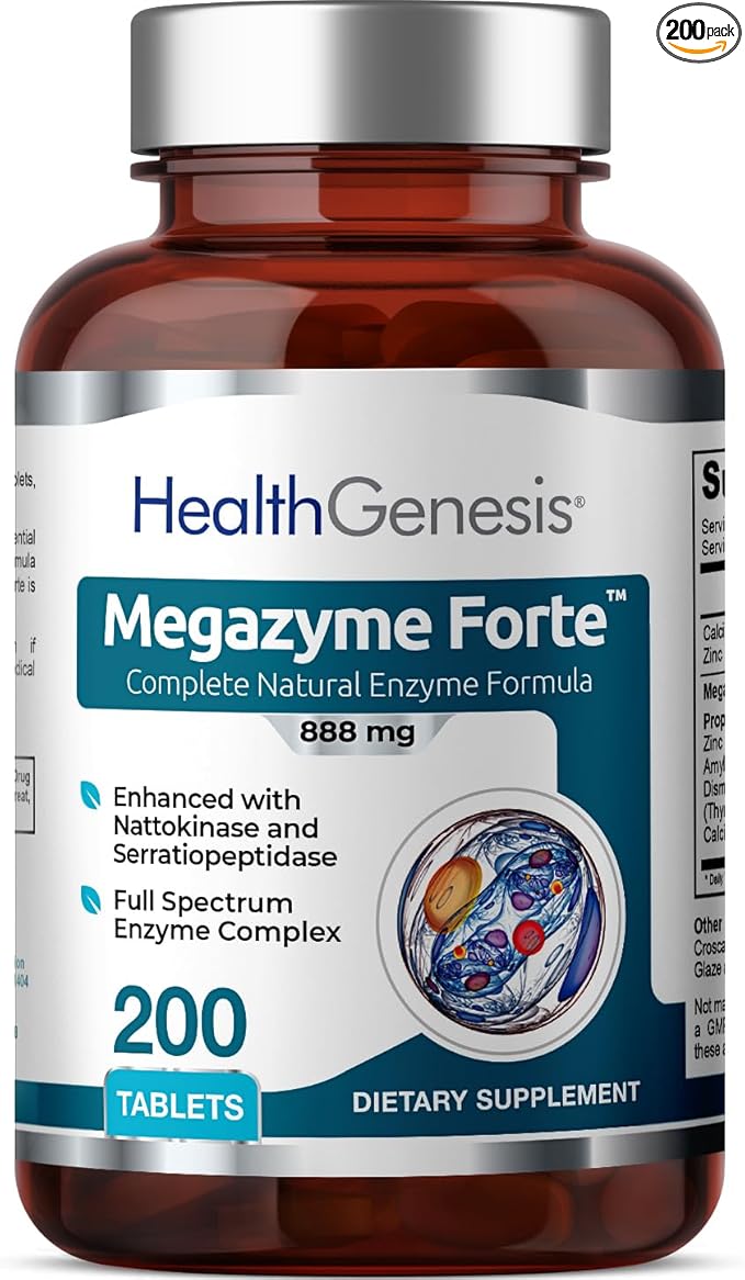 Megazyme Forte 200 Tablets - Natural Plant Proteolytic Enzymes Nattozimes Serrazimes Supports Digestive System Immune Health