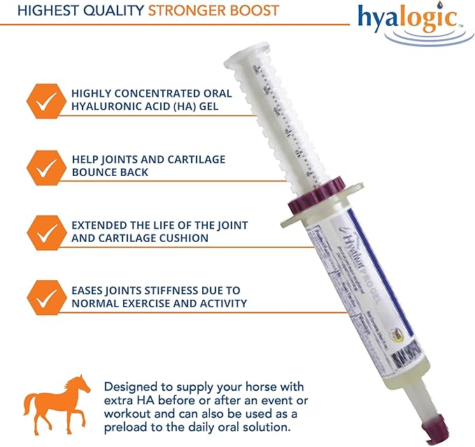 Hyalogic Hyalun PRO Gel – Hyaluronic Acid Horse Joint Supplement – Pre &amp Post Event Booster – 30cc Equine Syringe Oral – 3 Full Administrations Hyalun 100mg Pure Hyaluronic Acid (HA)