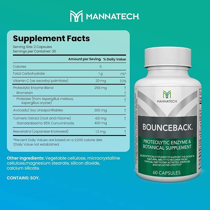 BounceBack by Mannatech with Proteolytic Enzyme Blend Phytosterol Blend and Turmeric Extract Supports Optimal Joint &amp Cartilage Health 60 Capsules