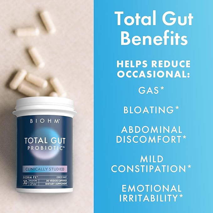 BIOHM Total Probiotic 30 Billion CFU Daily Probiotics for Women &amp Men (30 Count) Helps Reduce Occasional Gas &amp Bloating Supports Digestion &amp Total Gut Health Non-GMO Vegan
