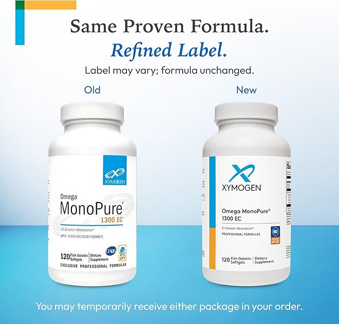 XYMOGEN Omega MonoPure 1300 EC - Heart &amp Brain Support - DHA &amp EPA Omega-3 Fish Oil - Monoglyceride High Absorption Softgels - Enteric Coated - 120 Softgels