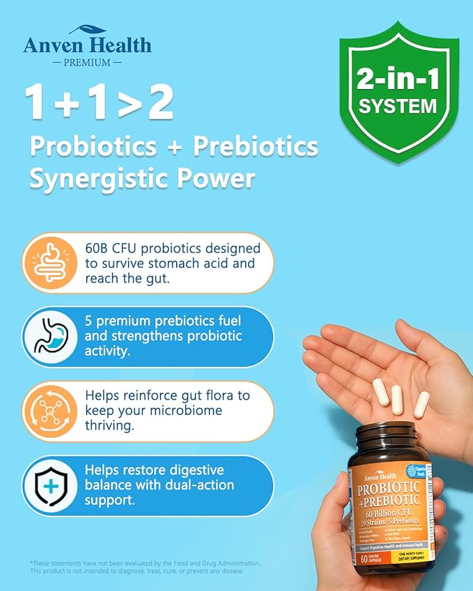 60 Billion Probiotic and Prebiotic for Women and Men - 19 Strains 5 Organic Prebiotics for Gut Digestive &amp Immune Health Supports Diarrhea Gas Bloating Non-GMO – Made in USA丨60 Caps