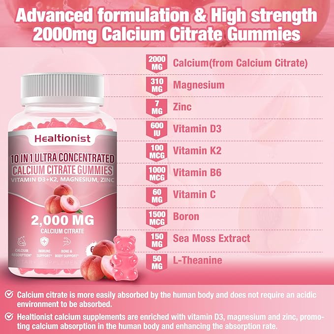 2 Packs 2000mg Calcium Citrate with Vitamin D3 K2 Supplements Gummies for Women &amp Men Magnesium Zinc High Absorption Bone Muscle &amp Immune Support 120 Counts Peach Flavor Gummies