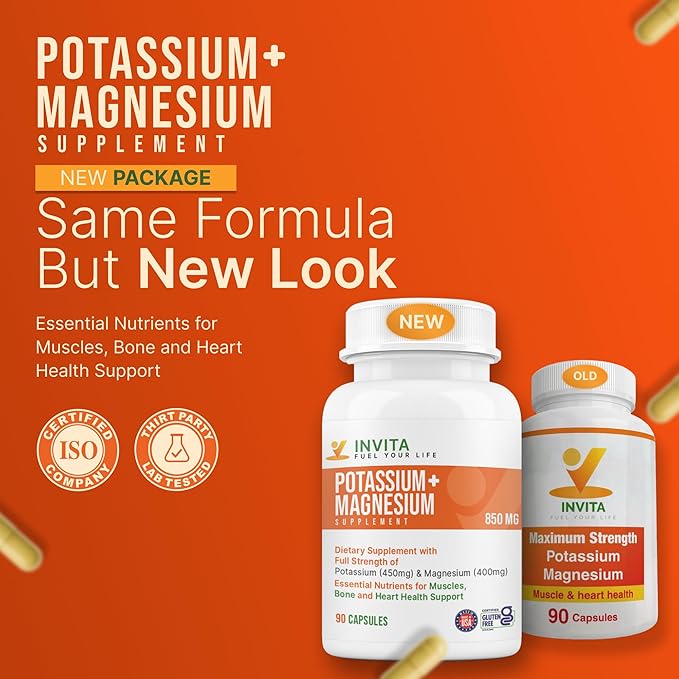 Invita Potassium Magnesium Supplement (90 Capsules) High Absorption Potassium Magnesium Complex with Aspartate &amp Chloride - Supports Cardiovascular Muscles &amp Nerve Health - Non GMO &amp Glut