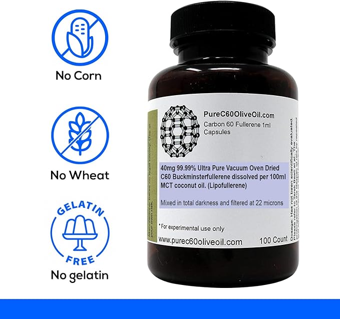 PureC60OliveOil C60 Organic MCT Coconut Oil Capsules Pills 100ml / 3.4 Fl Oz - 99.99% Carbon 60 Solvent Free 40mg - Food Grade - Carbon 60 MCT Coconut Oil - From The Leading Global Producer