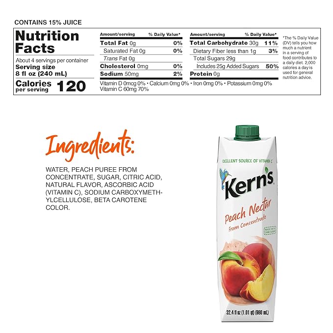 Kern’s Peach Juice Nectar - Peach Nectar Made with Fresh Fruit Puree - Tropical Fruit Juice Concentrate for Smoothie Mix Cocktail Mixers Kids Drinks &amp Mexican Beverages - 32.4oz 12 Pack Carton